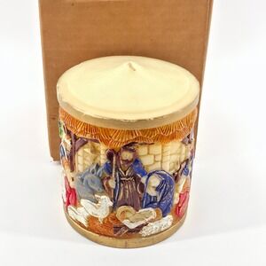 Vintage Beacon Hill Nativity Scene Pillar Candle Hand Painted Relief Made Japan